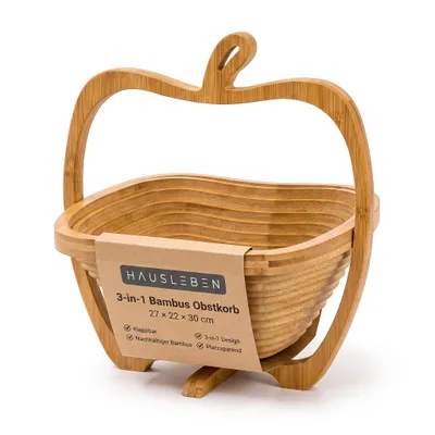Produktbild von Hausleben Obstkorb aus Bambus 3-in-1 Faltkorb – Obstschale, Gemüseschale & Topfuntersetzer – Klappbarer Korb & Schneidebrett im Apfel-Design, 27x22x30 cm, nachhaltig & dekorativ