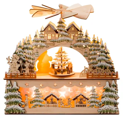 Produktbild von HGD LED-Schwibbogen Winterlandschaft mit beweglicher Pyramide & Timer 8-flammig 30 x 28 cm warmweiß natur