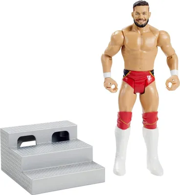A wrestling action figure and a small set of stairs against a white background.