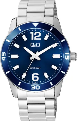 Produktbild von Q&Q Herrenuhr, Edelstahlgliederarmband, Faltschließe, silberfarben/blau, 5ATM, Ø 42 mm