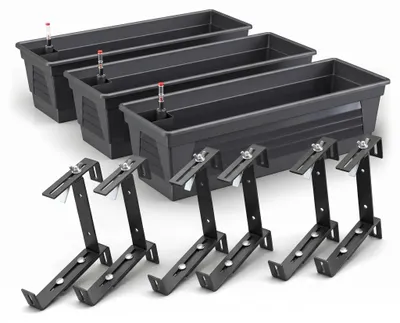 Produktbild von Plastard Blumenkasten 3er Set 100 cm selbstwässernd mit Hydroeinsatz, Wasserstandsanzeiger und robuster Metallhalterung in Anthrazit