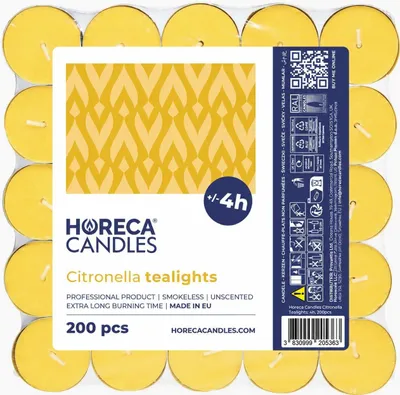 Productafbeelding van Citronella theelichtjes - set van 200 kaarsen, geel - geurkaarsen met 4 uur brandduur - voor buiten, balkon, picknick, camping