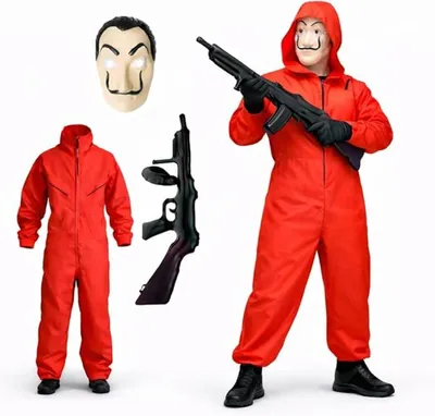 Produktbild von Haus des Geldes Kostüm Set - 3 in 1 Set - mit Dali Maske, Overall rot Uni, Gewehr Aufblasbar für Halloween, Fasching als Verkleidung
