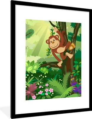 Produktbild von MuchoWow® Gerahmtes Poster Affe - Dschungel - Jungen - Mädchen - Blumen - Kinder 60x80 cm - Poster mit Schwarzem Bilderrahmen Wandposter Rahmen Foto Bilder - Wohnzimmer - Dekorationen - Prämie