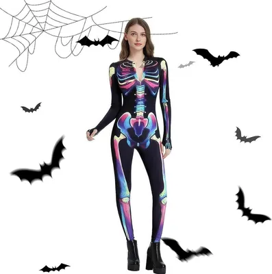 Productafbeelding van Halloween Kostuum Meisjes - Skelet Jumpsuit Vrouwen - Cosplay Feest - Dubbelzijdig Skeletprint - XS t/m XL - Multicolor