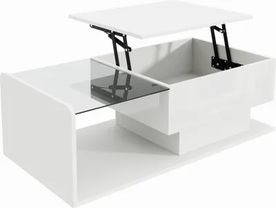 Produktbild von okwish Couchtisch mit LED-Licht und Glasplatte,Höhenverstellbarer   Beistelltisch,Sofatisch mit Verstecktem Stauraum,Hochglanz,Weiß