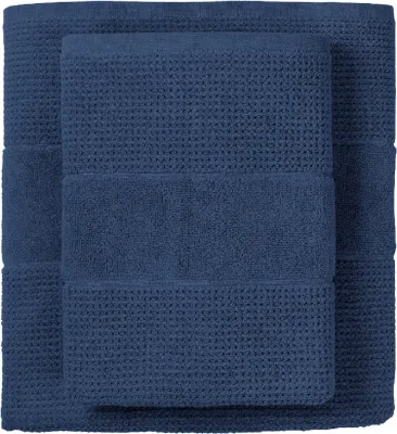 Produktbild von Schiesser Duschtuchset Turin | Frottier | 2-teilig | Reiskornoptik | 100% Baumwolle | flauschig, saugstark, farbecht  | Kordelaufhänger | 70x140cm | Dunkelblau
