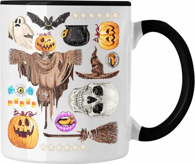 Produktbild von Trendation - Halloween Tasse Kürbis Dekoration Becher Geister Fledermaus Totenkopf Hexe Grusel (Schwarz)