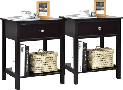 Produktbild von 2er Set Nachttisch, Beistelltisch Nachtschrank mit Schublade & offenem Regal, kleine Nachtkommode Nachtkonsole, Sofatisch Couchtisch Flurtisch Telefontisch für Wohnzimmer Schlafzimmer (Braun)