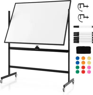 Produktbild von COSTWAY mobiles Whiteboard mit Alurahmen, Doppelseitige Whiteboard Höheverstellbar & 360 ° drehbar, magnetische Weißtafel mit Rollen 90x120 cm, Magnettafel Abwischbar Beschreibar inkl. Zubehöre
