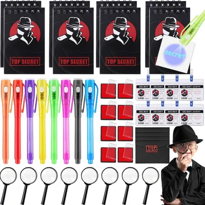 Productafbeelding van Detektiv kinderverjaardag cadeautje met UV-pen - Set van 48 - Notitieboek - Vingerafdruk - Stempelkussen - Detectiekaart