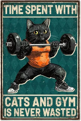 Productafbeelding van Metalen tinnen bord voor kattensportschool - Tijd doorgebracht met katten en sportschool is nooit verspild bord