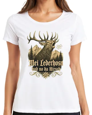 Produktbild von Mei Lederhosn hod no da Hirsch Bayern  Lederhose Dirndl Damen T-Shirt, Weiß, XL