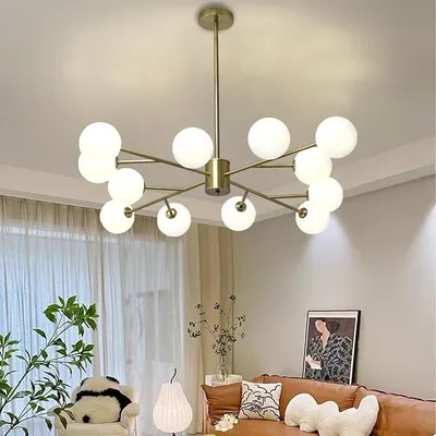 Imagen del producto de Lámpara de araña vintage, lámpara colgante dorada, lámpara de techo estilo Sputnik con 12 luces, lámpara colgante industrial con esfera de vidrio, lámpara de araña moderna dorada para dormitorio, salón, cocina y hotel (estilo B)