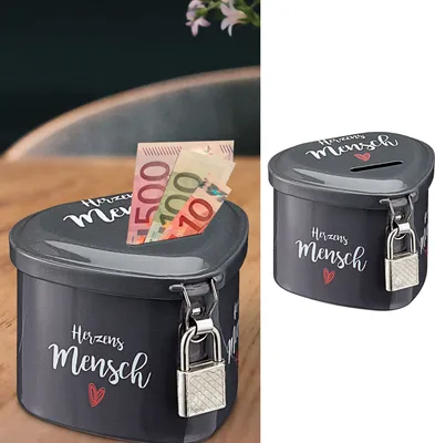 Produktbild von Spardose Herzensmensch mit Schloß in Herzform grau Sparschwein Sparbüchse Herz Geschenk Spardose