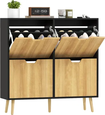 Image de Armoire à chaussures étroite - Armoire à chaussures d'entrée - 4 compartiments basculants - étagères réglables - Pour 16 paires de chaussures - pieds en bois - 95x26x95 cm - Noir