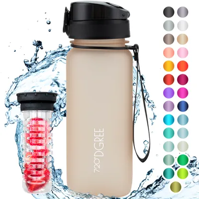 Produktbild von 720°DGREE Trinkflasche 650ml “uberBottle“ softTouch +Früchtebehälter - BPA-Frei - Auslaufsichere Wasserflasche für Kinder, Schule, Uni, Sport, Outdoor, Fitness - Tritan Sportflasche - Leicht, Stoßfest