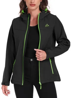 Produktbild von ATLASLAVA Softshelljacke Damen Wasserdichte Übergangsjacke Atmungsaktive Regenjacke Winddichte Jacke Gefüttert Kapuze für Outdoor, L, schwarz grün