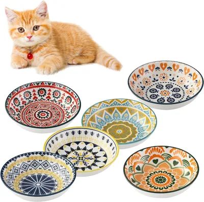 Productafbeelding van Voerbak voor katten - keramiek - set van 6 - 14 x 3,5 cm - antislip - kleurrijk