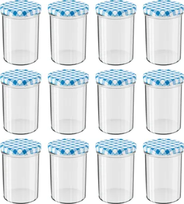 A collection of twelve clear glass jars with blue and white checkered lids, arranged in three rows of four.