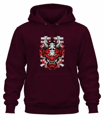Obrázok produktu pre Mikina s kapucňou s motívom japonského démona Hannya, štýl Y2K, farba bordová, veľkosť S