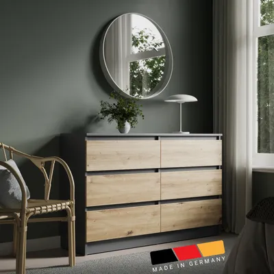 Produktbild von Home Collective Kommode mit 6 Schubladen Kommode Holz Schrank Kommode mit Schubladen, Sideboard, Highboard für Schlafzimmer Wohnzimmer Flur Büro Organizer | 120 cm Breite | Anthrazit / Artisan-Eiche