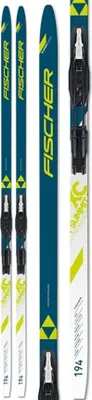 A pair of cross-country skis with bindings, displayed vertically against a white background.