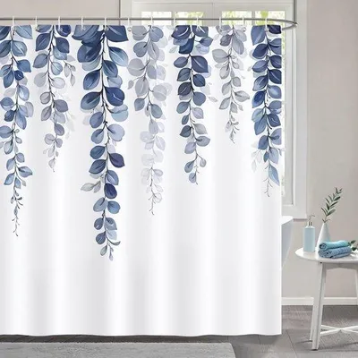 Productafbeelding van Unyqoos® douchegordijn, 180x180 cm – 100% polyester, waterdicht en schimmelwerend, blauw patroon met eucalyptusbladeren, inclusief 12 haken
