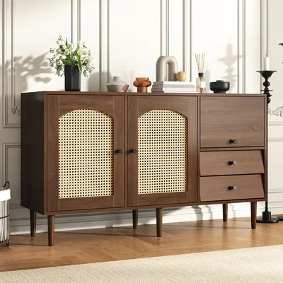 Image de okwish Buffet avec portes en rotin et étagères réglables, armoire de rangement avec fermeture magnétique – 130×75,5×40 cm couleur bois