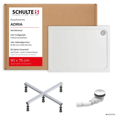 Produktbild von Schulte Duschwanne Adria 90x75 cm, inkl. Antirutsch-Beschichtung, Sanitäracryl Weiß, Set mit Fußgestell + Ablauf