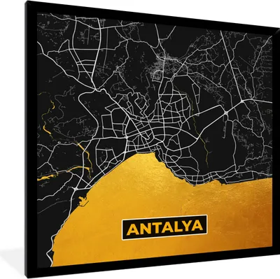 Produktbild von MuchoWow® Gerahmtes Poster Antalya - Gold - Karte - Stadtplan 40x40 cm - Poster mit Schwarzem Bilderrahmen Wandposter Rahmen Foto Bilder - Mit Rahmen - Wanddekoration Schlafzimmer
