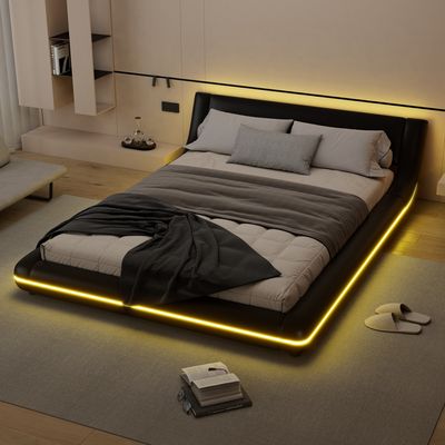 Łóżko tapicerowane Flieks 140x200cm z LED, podwójne łóżko młodzieżowe ze stelażem listwowym, klasyczne łóżko drewniane łóżko pływające łóżko podłogowe, PU, czarne