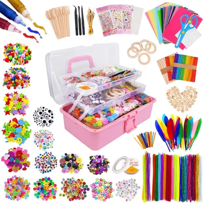 Produktbild von Bastelset für Kinder - Bastelbedarf inklusive Pompons, Pfeifenreiniger, Filz und Eisstiele für Kinder und Kleinkinder