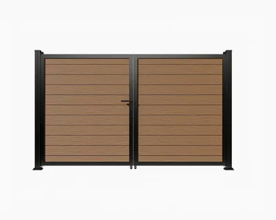 Produktbild von Doppelflügeltor aus WPC - B1305 x H183 cm - Dunkle Naturholzoptik - SENZIO