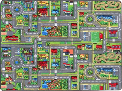 A colorful children's play mat depicting a town with roads, houses, a castle, a playground, and a soccer field.