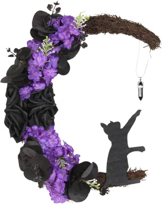 Produktbild von Halloween-Mondkatzenkranz für die Haustür, Halbmondkranzschild mit künstlichen Rosenblumen für die gotische Heimdekoration