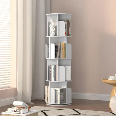 Zdjęcie produktu dla Obrotna półka na książki, 360 stopni, stojąca, biała, 4 półki, wymiary: 40 x 136,2 cm