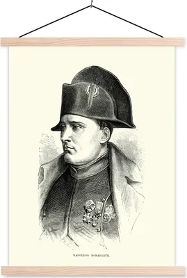 Produktbild von MuchoWow® Textilposter Illustration von Napoleon Bonaparte in schwarz-weiß 40x53 cm mit holzfarbenen Rahmen - Schlafzimmer