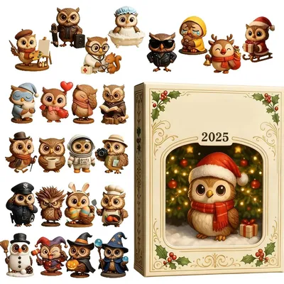 Produktbild von 24-tägiger Eulen-Adventskalender 2025, Mini-Eulenfiguren, dekorativer Weihnachtskalender, ideal als Heimdeko & Baumschmuck