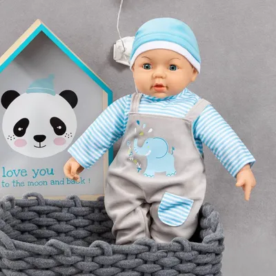 Produktbild von Bayer Design 84676AA Puppenkleidung, Kleider für Puppen 46 cm, 3 Teile, Babypuppen Anziehsachen, blau, grau, Elefantenmotiv