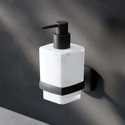 Produktbild von Seifenspender Wandmontage Flüssigseifenspender nachfüllbar Dispenser für Seife oder Duschgel ohne Bohren klebend Edelstahl, Glas Schwarz matt