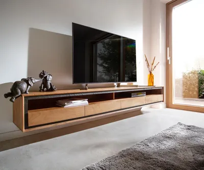 Produktbild von DELIFE Lowboard Stonegrace 240 cm Akazie Natur 2 Fächer 4 Schubladen Steinfurnier schwebend