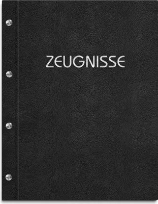 Produktbild von Zeugnismappe im schwarzen Einband in Felloptik, mit hochwertigem Prägedruck in silber – handgefertigte Mappe für Zeugnisse inkl. 12 Sichthüllen