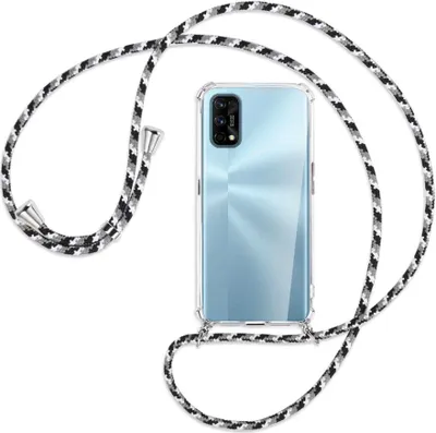Produktbild von Handykette Backcover-Schutzhülle mit Band (Metall silberfarben) für Realme 7 Pro - schwarz/grau/weiß