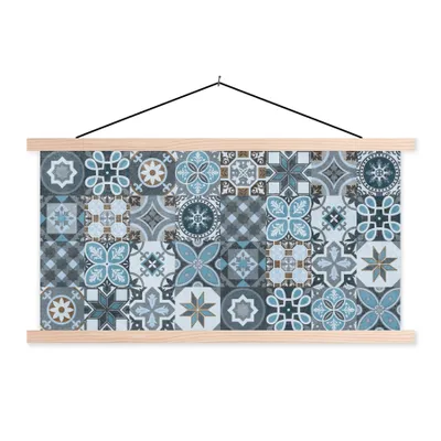 Produktbild von MuchoWow® Textilposter Design - Blume - Blau - Figuren 60x30 cm mit holzfarbenen Rahmen - Dekoration