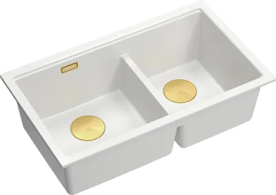 Produktbild von QUADRON Spülbecken 2-Becken Spüle | Größe: 78 x 50 x 23,5 cm | LOGAN 120 | Unterbauspüle Granitspüle aus GraniteQ mit Siphon | Weiß + Golden PVD