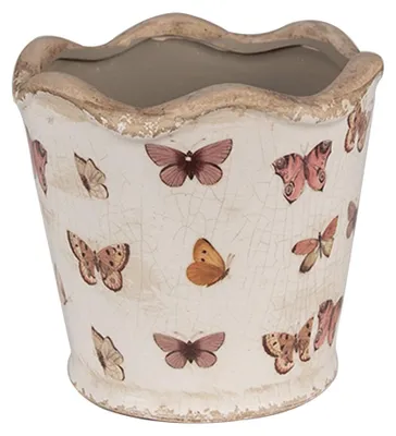 Zdjęcie produktu dla Clayre & Eef Doniczka Ø 13x12 cm Beżowo-różowe ceramiczne motyle