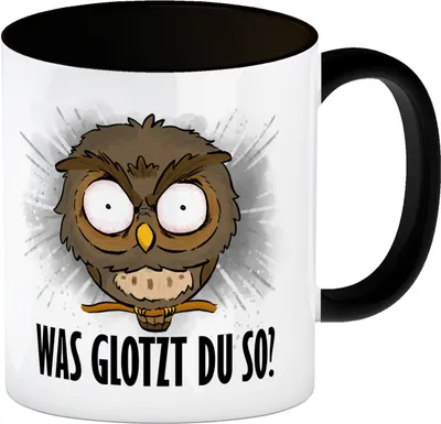 Produktbild von Eule Kaffeebecher in schwarz mit Spruch Was glotzt du so?