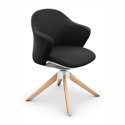 A black ergonomic chair with wooden legs on a white background.