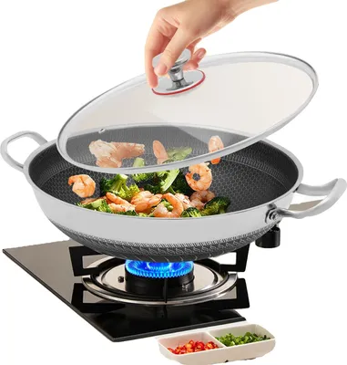 Image de Poêle à frire, acier inoxydable 410, convient pour 3-4 personnes, compatible avec les cuisinières à gaz et à induction, revêtement antiadhésif, couvercle en verre trempé
